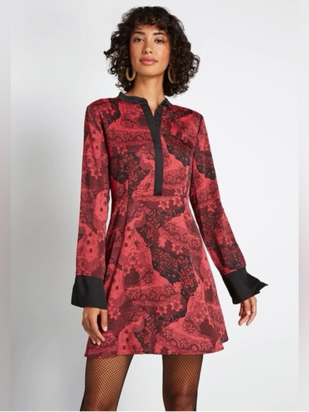 ModCloth retro romance long sleeve red and black print button up dress defected